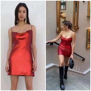 RARE ZARA Red sequin spaghetti strap lined mini dress size Large NWOT